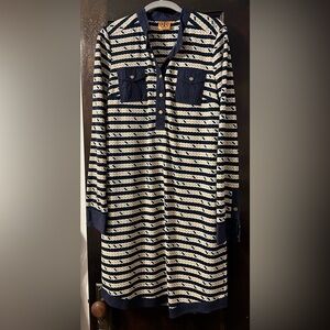 Tory Burch Navy and Cream Striped Long Sleeve Dress